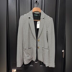 NEW Ralph Lauren Black White Striped Pocket Cotton Jacket Blazer, size Large